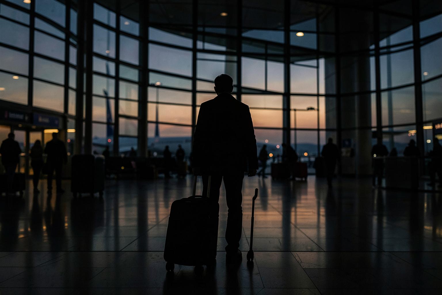 Voyageur avec sa valise dans un hall d'aéroport au crépuscule